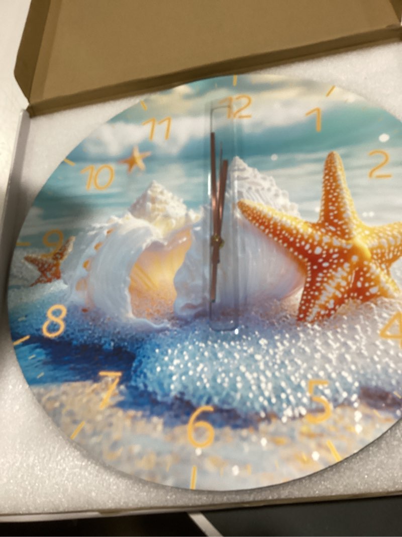 Condition photo showing Good Condition for large coastal wall clock 16 inch modern beach wall clock wooden silent analog clock for office, living room decor battery operated beach starfish 16inch