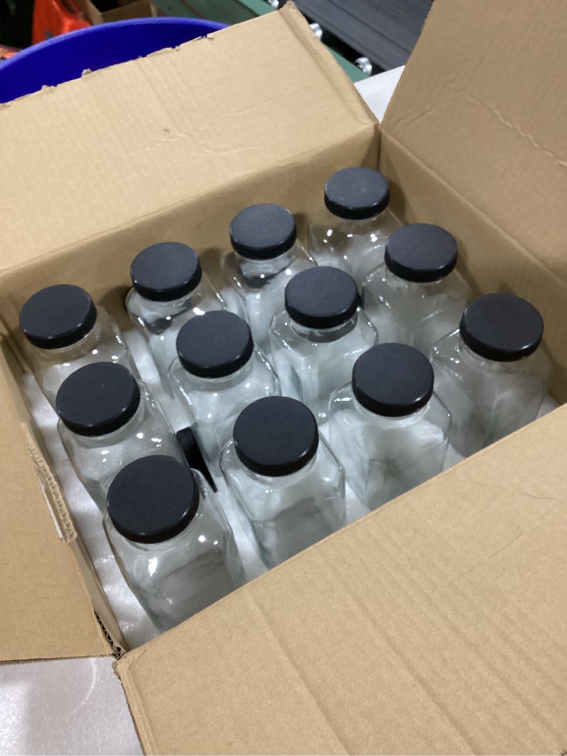 Condition photo showing Good Condition for yarlung 12 Pack 17Oz French Glass Spices Jars with Plastic Lids, Clear Square Water Juice Bottles for Storing Herbs, Condiments, Cereals, Milk, Beverages, Kitchen, Pantry, Office