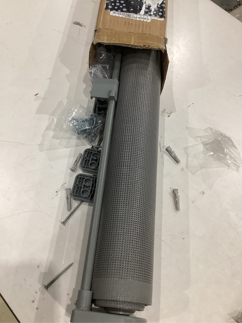 Condition photo showing As Is for 48" extra tall retractable baby gates, 120" retractable gates with reinforced strip design to prevent crawling through, 12 ft retractable dog gate