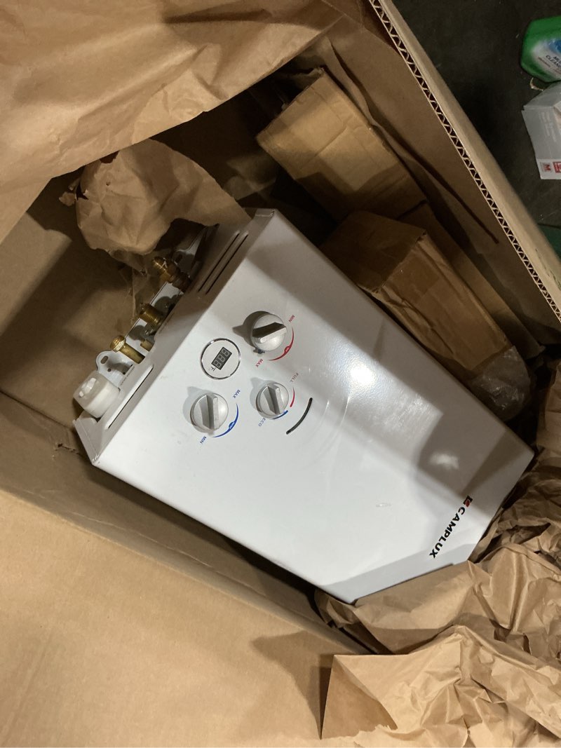 Condition photo showing As Is for camplux portable propane water heater - 2.64gpm, 3.3gpm pump & pipe strainer, 68,000 btu for camping & off-grid cabins 2.64gpm with pump pack