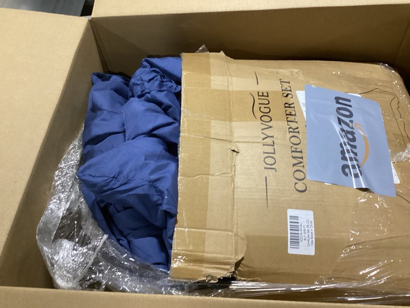 Condition photo showing As Is for JOLLYVOGUE Navy Blue Full Size Comforter Sets 7 Pieces, Pintuck Bed in a Bag Comforter Set for Bedroom, Bedding Comforter Sets with Comforter, Sheets,Ruffled Shams & Pillowcases Full(82"x86") Navy Blue