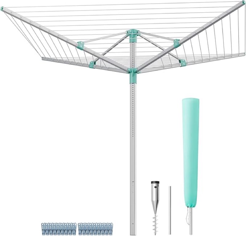 songmics umbrella drying rack, retractable outdoor drying rack, height adjustable, 164 ft long clothesline, holds 5 laundry loads, for garden, with ground spike, cover, silver and green ullr301e01