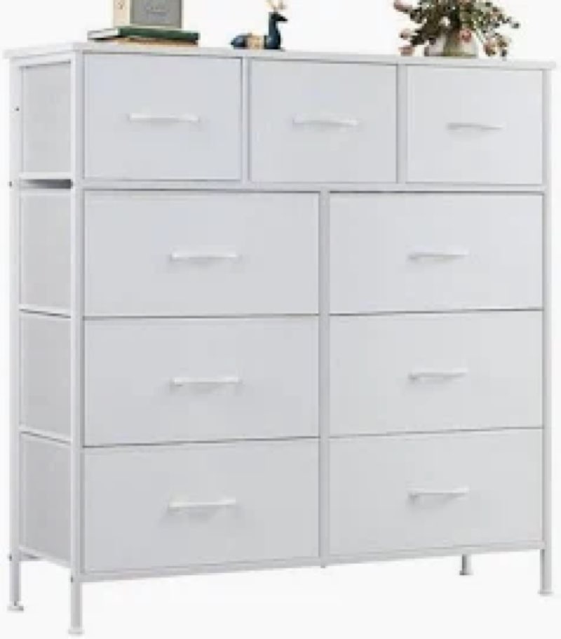 ZUNMOS Fabric Storage Dresser with 9 Drawers, Steel Frame and Wooden Top for Bedroom, Closet and Entryway , White