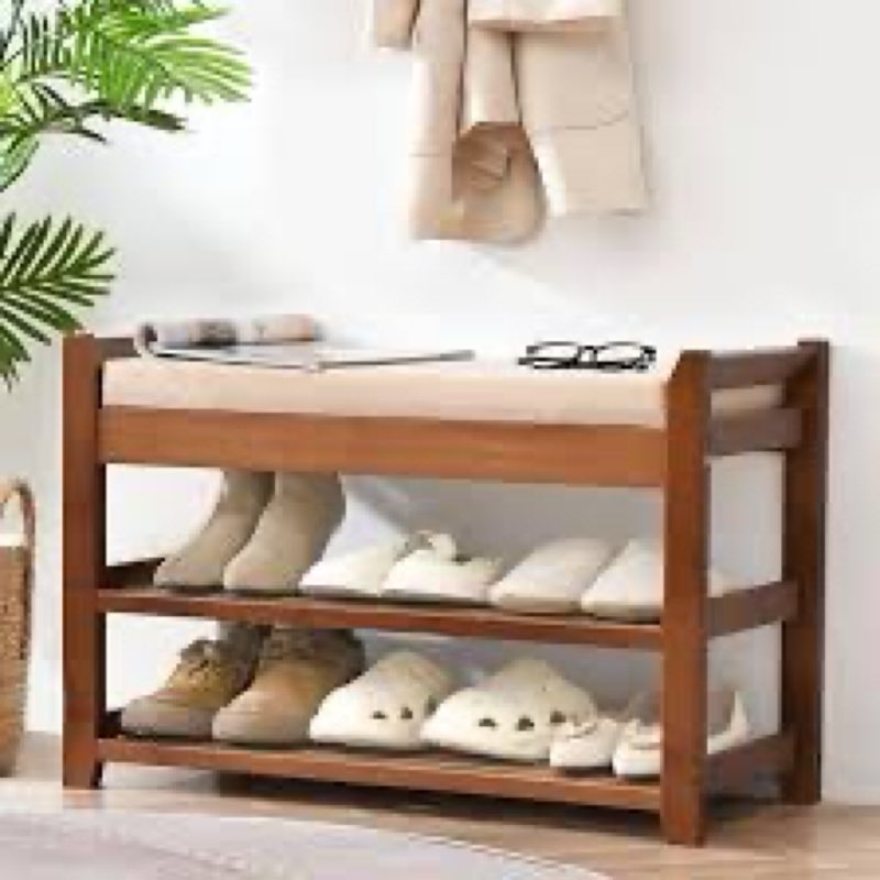 PETKABOO 39.4" Bamboo Shoe Rack Bench, 3-Tier Entryway Bench with Thick Cushion, Flip-Top & Side Sto