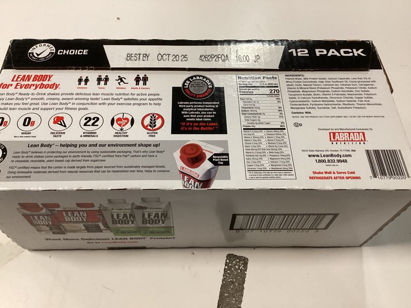 Condition photo showing Good Condition for (Best By Oct 2025) Labrada Lean Body Ready-to-Drink Chocolate Protein Shake, 40g Protein, Whey Blend, 0 Sugar, Gluten Free, 22 Vitamins & Minerals, LABRADA, 17 Fl Oz (Pack of 12) Chocolate 204 Fl Oz (Pack of 1)
