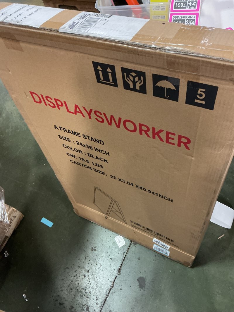 Condition photo showing New/Like New for DISPLAYSWORKER Heavy Duty A-Frame Sidewalks Signs 24x36 Inch ,outdoor Sandwich Board Sign Black Coated Steel Metal Double-Sided?Slide-in Folding with 2 Corrugated Plastic Poster Boards&2 Anti-Glare Double Side (with 2 Plastic Board)