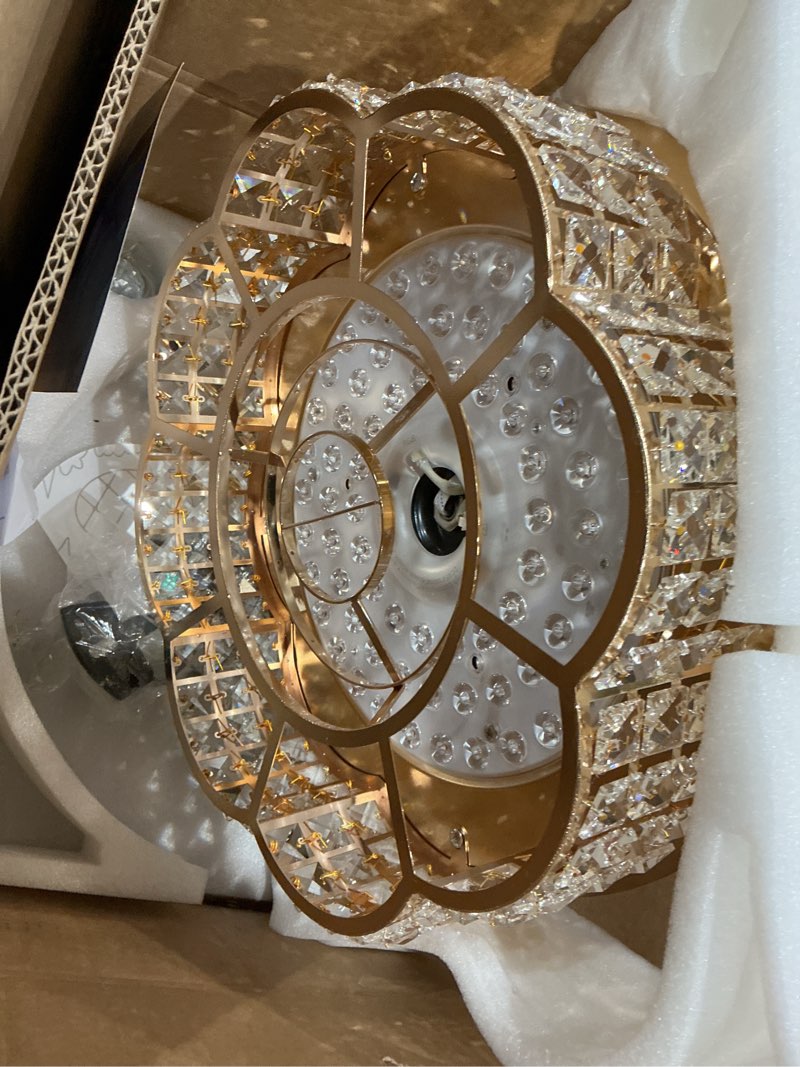 Condition photo showing As Is for incomplete)))w16'' modern gold chandeliers for living room crystal ceiling light fixtures led flush mount light for foyer hallwey bedrooms dining room dimmable 2700k-6000k