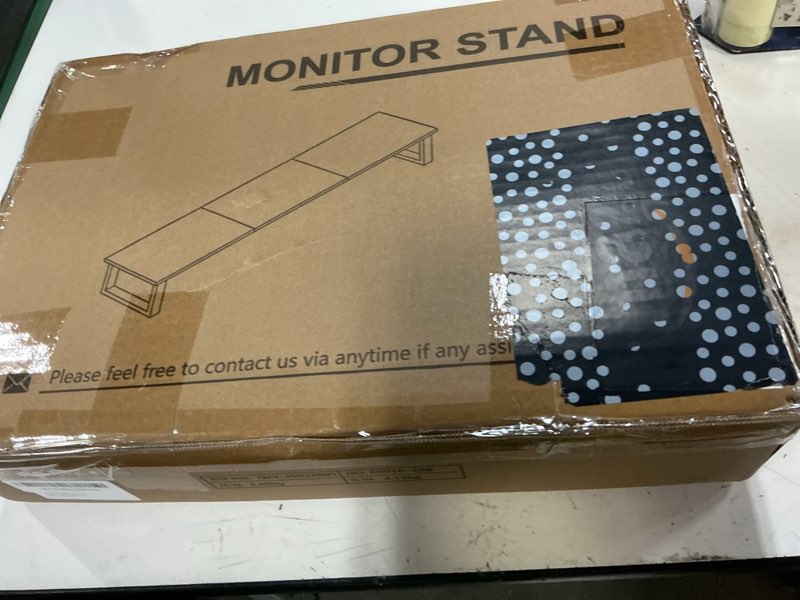Condition photo showing New/Like New for yaohuoo dual monitor stand riser, 39inch large monitor stands for 2 monitors, computer monitor stand, wooden desktop oraganizer shelf for office desk computer,laptop,tv brown