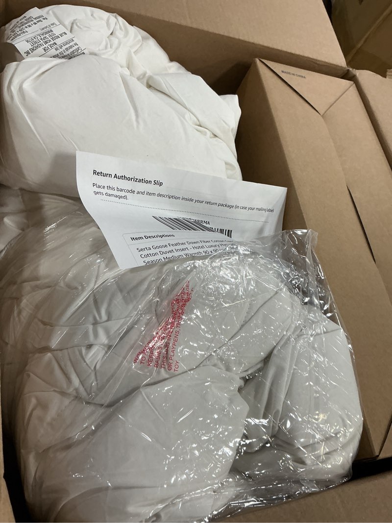 Condition photo showing As Is for serta goose feather down fiber cotton comforter queen size - 100% cotton duvet insert - hotel luxury hypoallergenic bedding comforter all season medium warmth 90 x 90 inch white