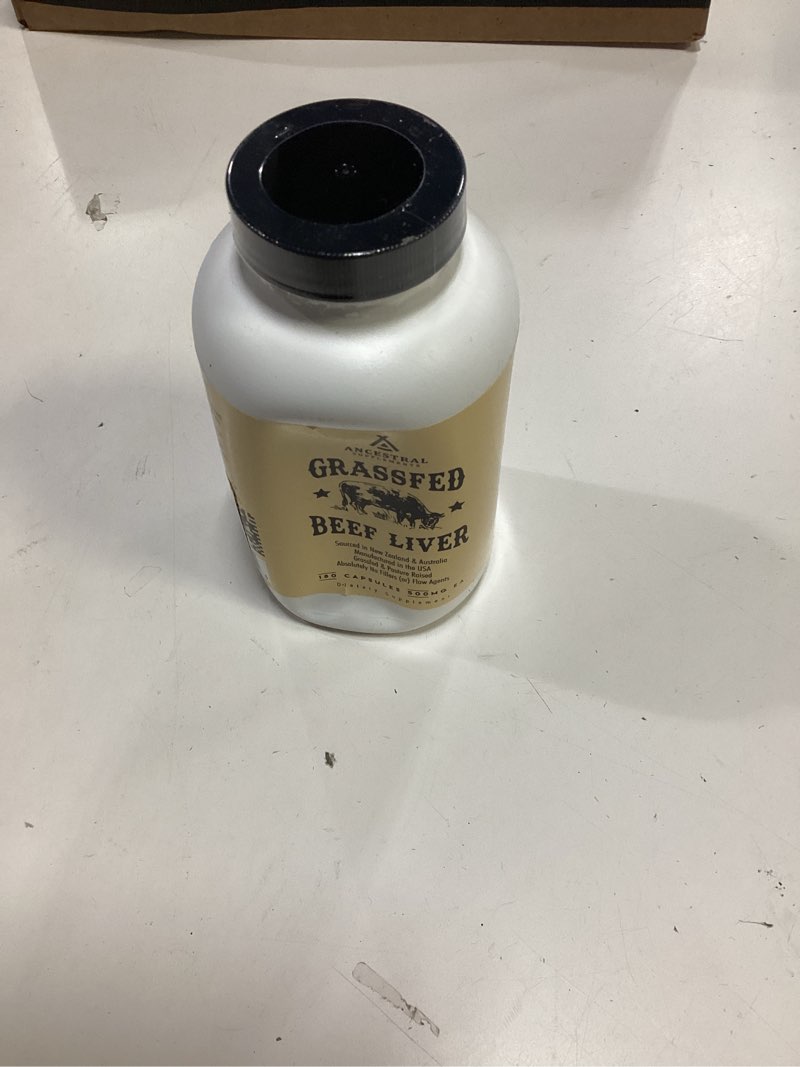 Condition photo showing New/Like New for (bbd:12/2027) ancestral supplements grass fed beef liver 180 capsules, supports energy production, detoxification, digestion, immunity and full body wellness, non-gmo, freeze dried liver health supplement