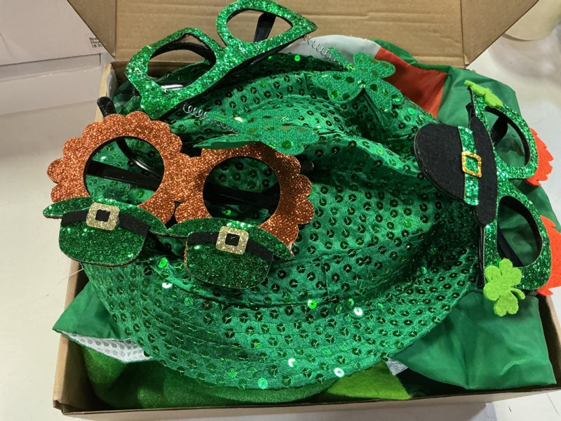 Condition photo showing Good Condition for 16 pcs st. patrick’s day party hats and glasses – 8 funny green leprechaun hats & 8 shamrock party glasses for adults, irish festival photo booth props for parade pub party supplies