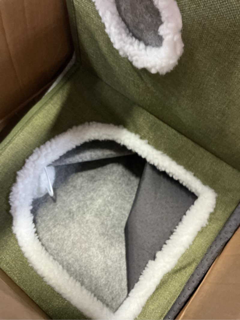 Condition photo showing Good Condition for bedsure large cat beds for indoor cats - extra wide cat cube house for small pet with fluffy ball hanging and scratch pad, foldable pet cave hideaway for multiple cats, 23.6x16.9x13 inches loden green widen
