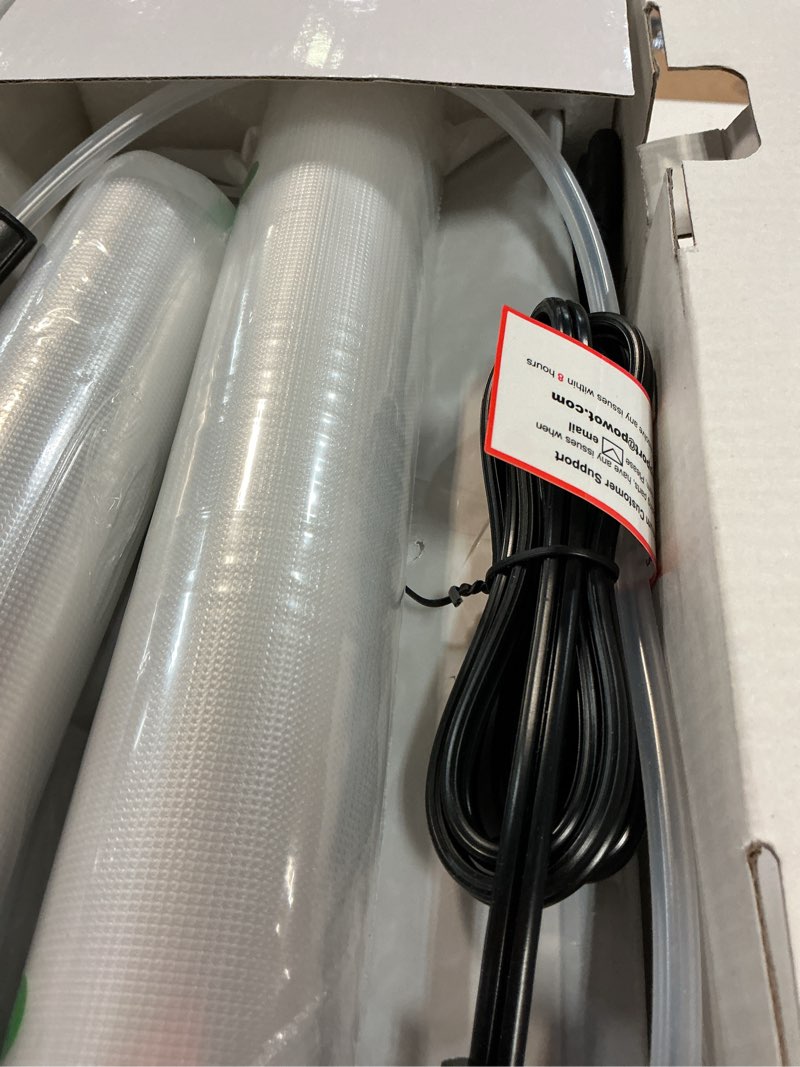 Condition photo showing New/Like New for precision food vacuum sealer machine, powot fully automatic vacuum sealing system, commercial food vacuum saver pro, double heat seal, easy-lock handle, built-in cutter&bag storage, hose&bag rolls grey