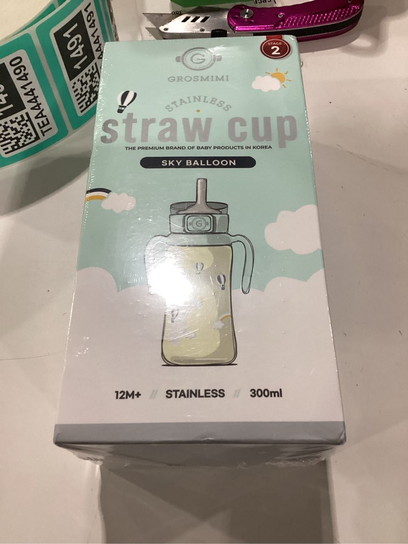 Condition photo showing New/Like New for grosmimi stainless steel baby straw cup, spill-proof, 12m+, 10oz (balloon) | stage 2 | flip-top | insulated vacuum sippy cup | babies & toddlers | rotating handles | silicone straw | bpa-free | 300ml balloon 10 ounces