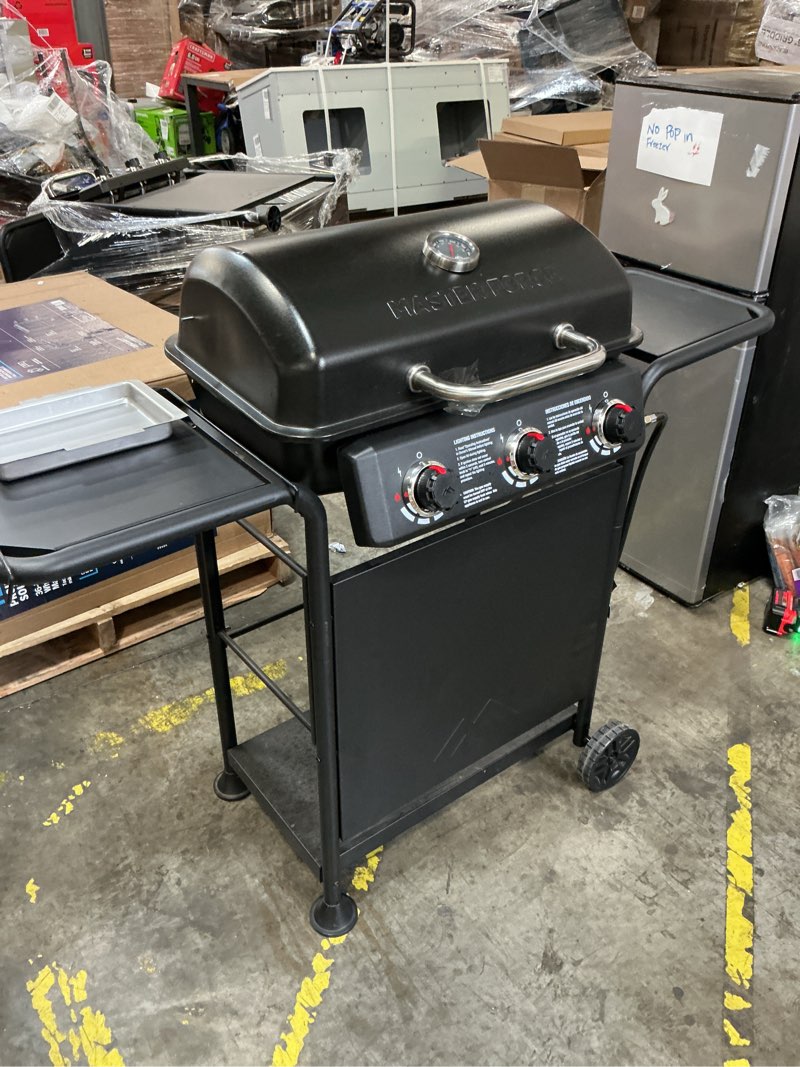 Condition photo showing As Is for master forge large 550-sq.in black 3 -burner liquid propane gas grill 