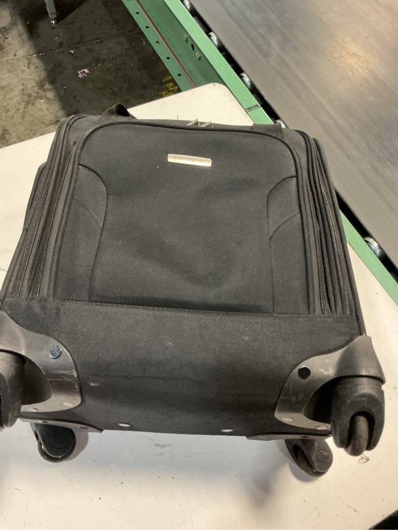 Condition photo showing As Is for samsonite underseat carry-on spinner with usb port, jet black, one size one size jet black
