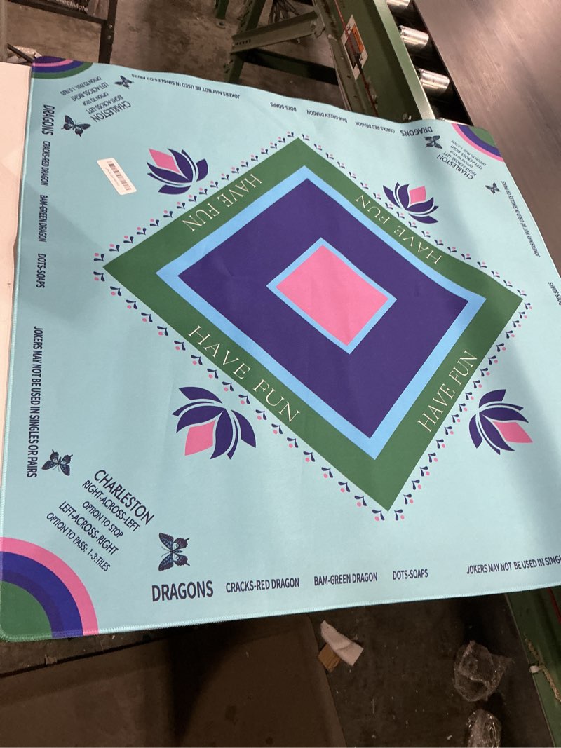 Condition photo showing Good Condition for Turquoise Mahjong Mat with Lotus & Butterfly Artwork - 32.4x32.4 Inch Hand-Painted Style Rubber Mat, Zen Decor Waterproof Surface, Anti-Slip Foldable Design for Asian-Themed Game Nights Blue-green