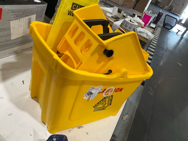 Condition photo showing As Is for 35 qt commercial mop bucket with side press wringer on wheels,heavy duty industrial mop and bucket set for floor cleaning,including 1 wet floor caution sign for household and business,yellow