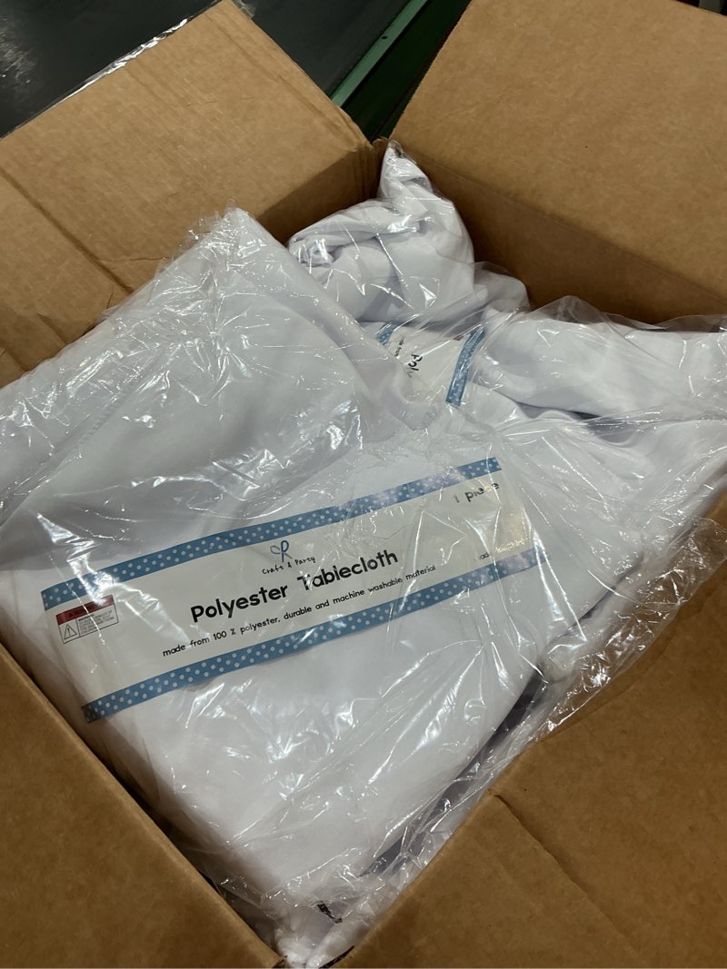 Condition photo showing Good Condition for sparkles make it special 10 pcs white 90" x 132 inch polyester tablecloth | elegant polyester table covers, perfect for weddings, receptions, dinners, & parties. stain & wrinkle-resistant.