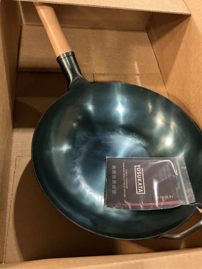 Condition photo showing As Is for yosukata 13.5” blue carbon steel wok pan – pre-seasoned flat bottom wok compatible with open fire, gas, electric, ceramic, induction cooktops -traditional chinese pan for stir fry, bbq, grill, camping