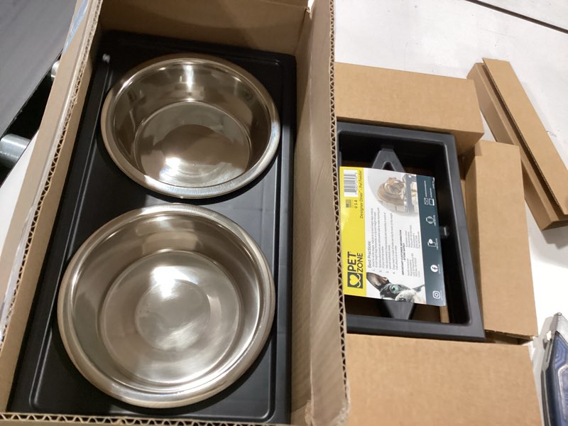 Condition photo showing Good Condition for pet zone designer diner bundle adjustable elevated dog bowls for large dogs, medium and small - raised dog bowl stand, bowls for food and water stainless steel, 3 heights, 2.75, 8", & 12'' designer dinner bundle (black)