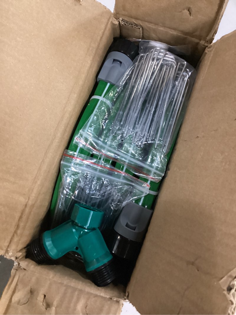Condition photo showing Good Condition for mixc reinforced sprinkler hose with holes, 100ft (25ft×4 pack) no-kink heavy duty flat sprinkler soaker hose with stakes & splitters, drip irrigation garden hose for lawn, yard, vegetable & flower bed