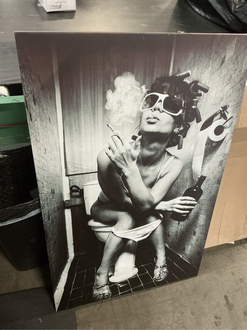 Condition photo showing Good Condition for white and black fashion sexy woman picture for bedroom smoking girl sitting in a toilet with an alcohol bottle painting prints sexy canvas wall art ready to hang for bedroom decor - 28''w x 44''h sexy02 44"l x 28"w