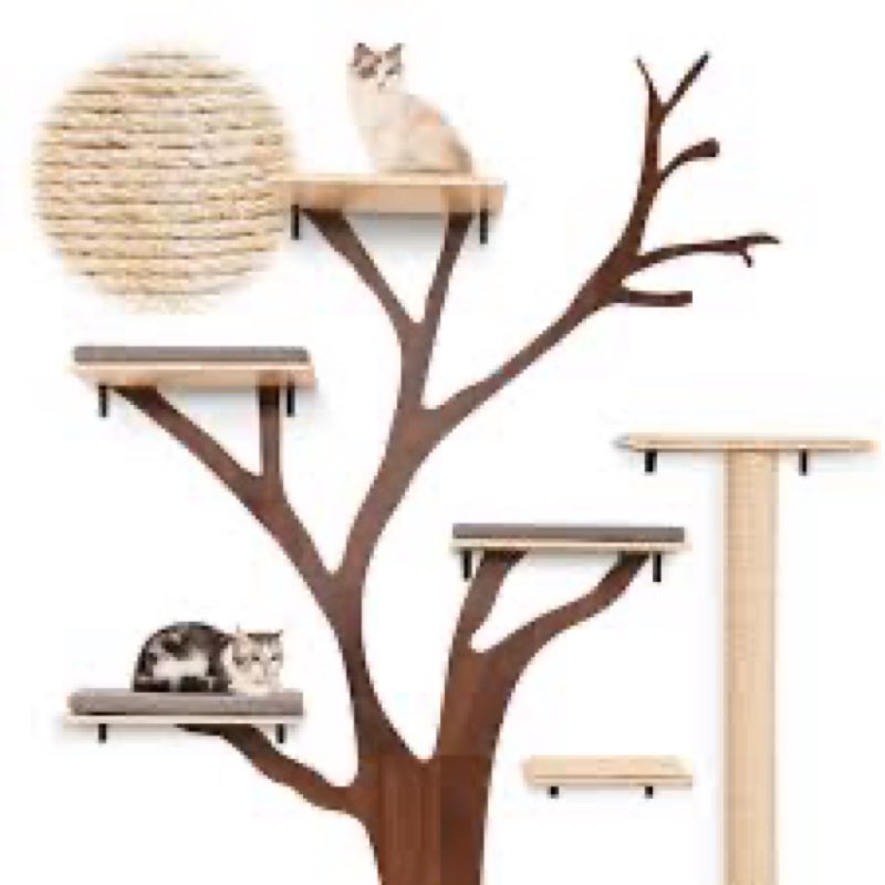 Modern Cat Wall Shelves with Tree-Inspired Design, Large Cushioned Platforms, Tall Scratching Post
