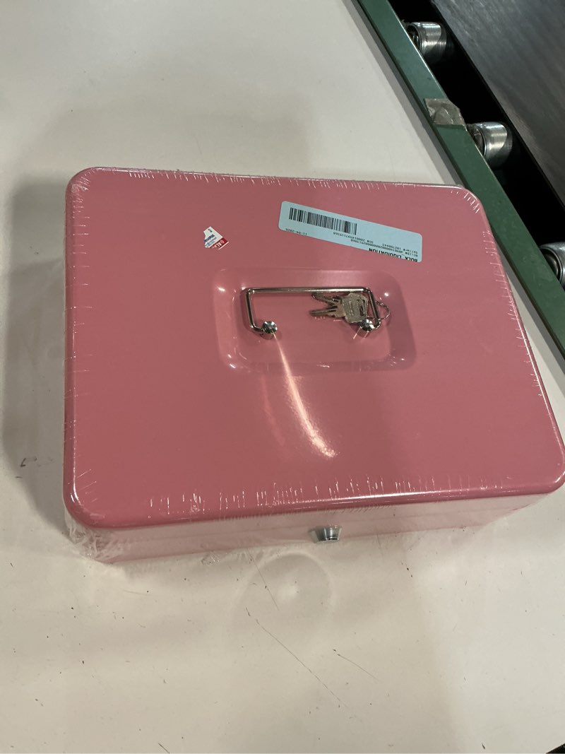 Condition photo showing New/Like New for pink cash box with money tray and lock, metal money box for cash, lock box for money 9.84x7.87x3.54 inches