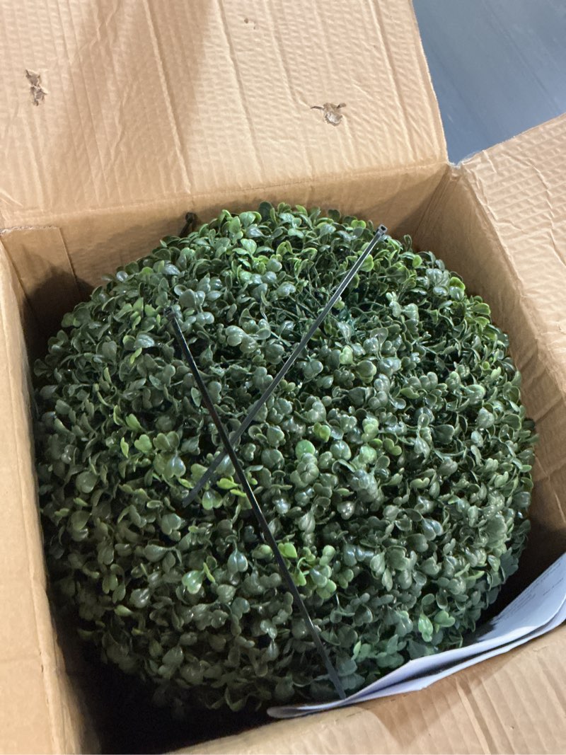 Condition photo showing New/Like New for 2 pcs lighted topiary ball outdoor pre-lit faux boxwood planter filler sphere, artificial topiary ball? decorative for backyard, balcony, garden, wedding party, home office (15 * 15) 15*15