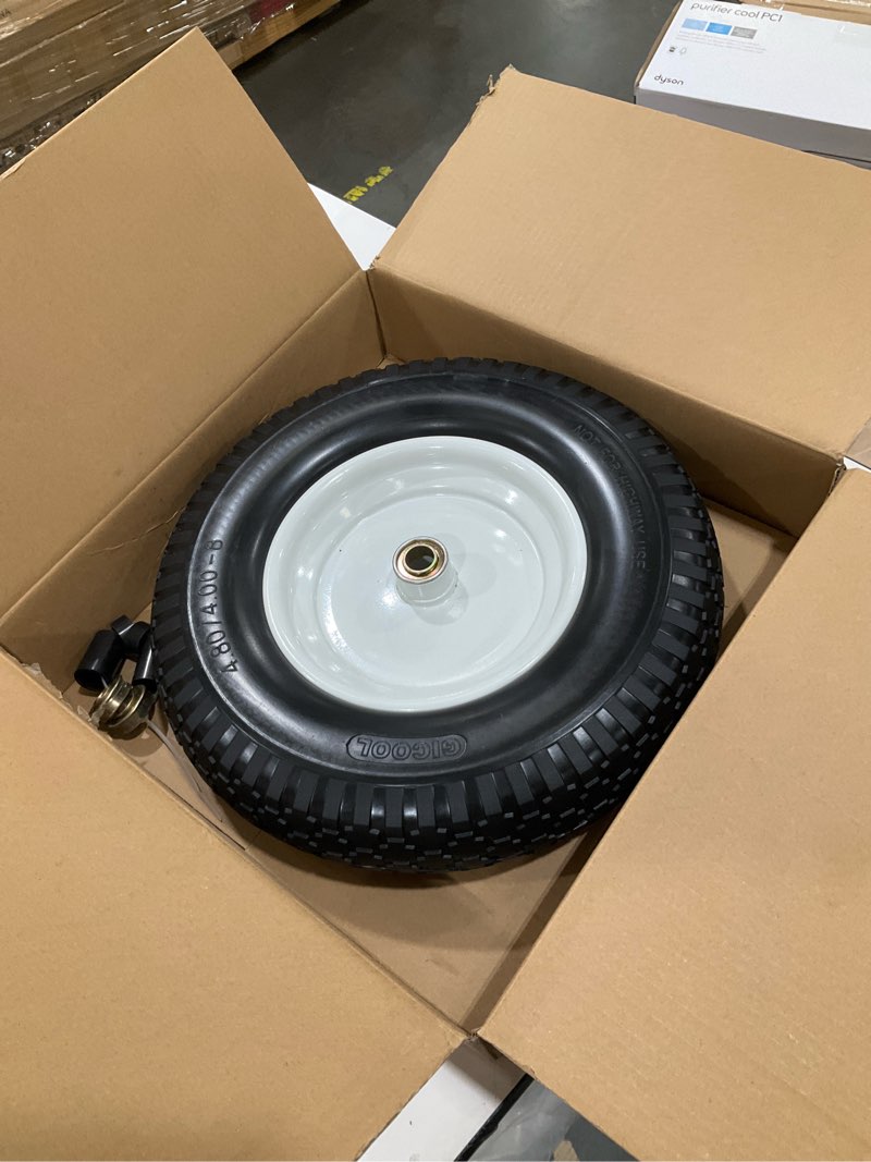 Condition photo showing Good Condition for gicool 16" flat-free solid tire and wheel, 4.80/4.00-8" wheelbarrow tire, 3-6" centered hub, 5/8" & 3/4" bearing, for broadcast spreader garden wagon cart trolley dolly lawn mover (1 pack) 1 pack-3" hub