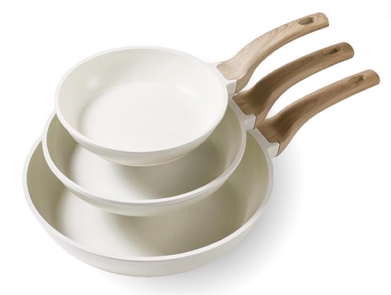 carote non stick frying pan skillet set, omelet pan, healthy non toxic granite chef pan, induction compatible egg frying pan with heat-resistant handle, pfoa-free,cream white,8"+10"+12"