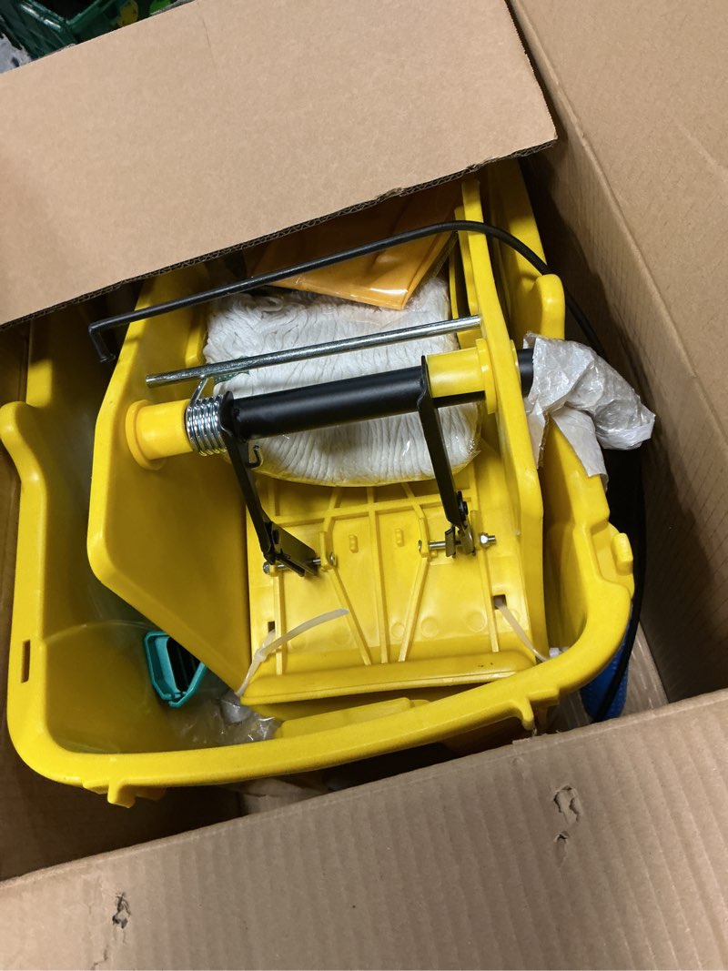 Condition photo showing New/Like New for press wringer combo commercial rectangular mop bucket on wheels, 35-quart, yellow,add one commercial mop and one set rubber gloves