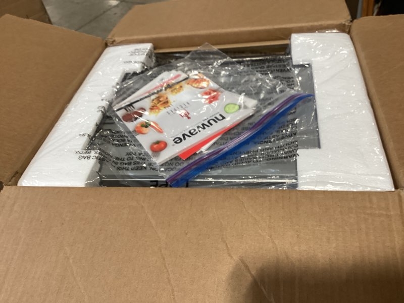 Condition photo showing New/Like New for nuwave bravo air fryer toaster smart oven, 10-in-1 countertop convection, 1800 watts, 21-qt capacity, 50°-450°f temp controls, top and bottom heater adjustments 0%-100%, pfas free, stainless steel brushed stainless steel 21qt bravo oven