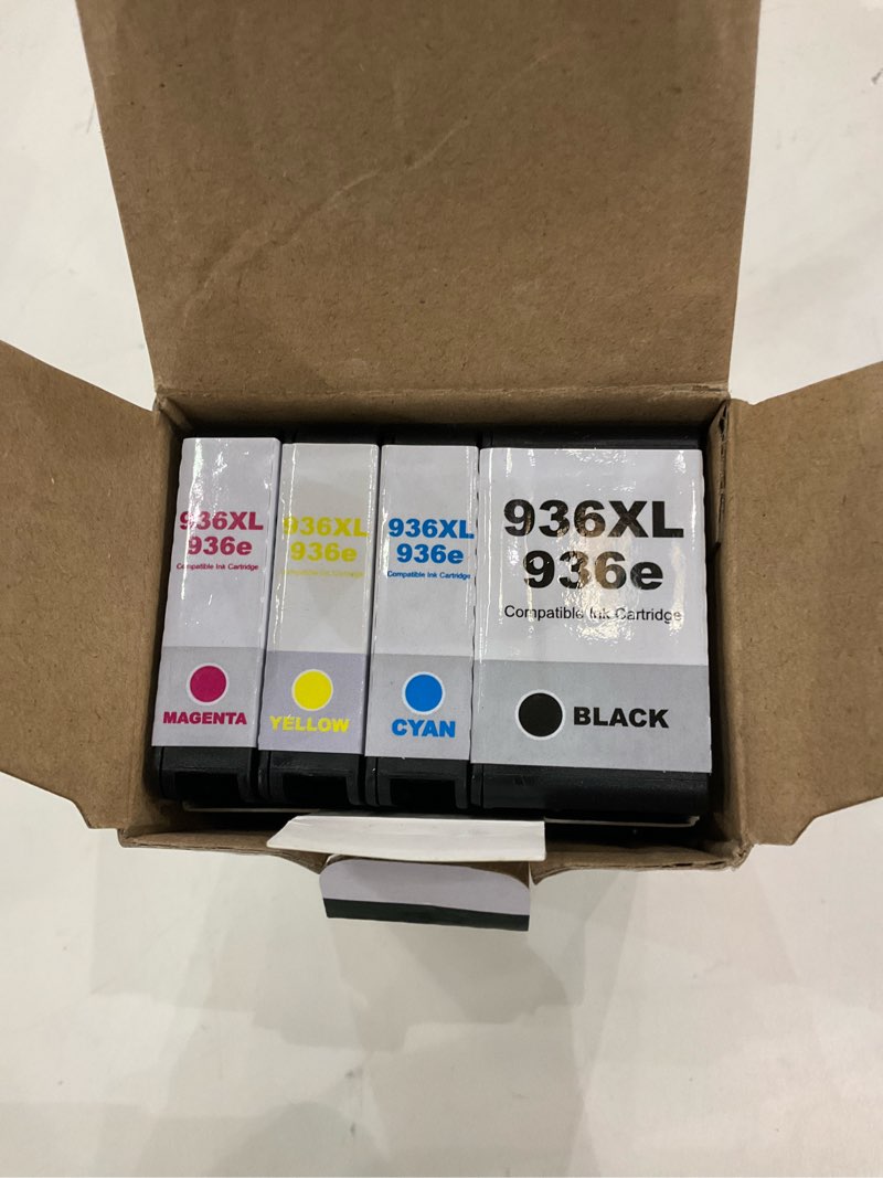 Condition photo showing New/Like New for HP 936e/936XL 4 pc-ink cartridges,black, cyan, yellow, and magenta colors. 
