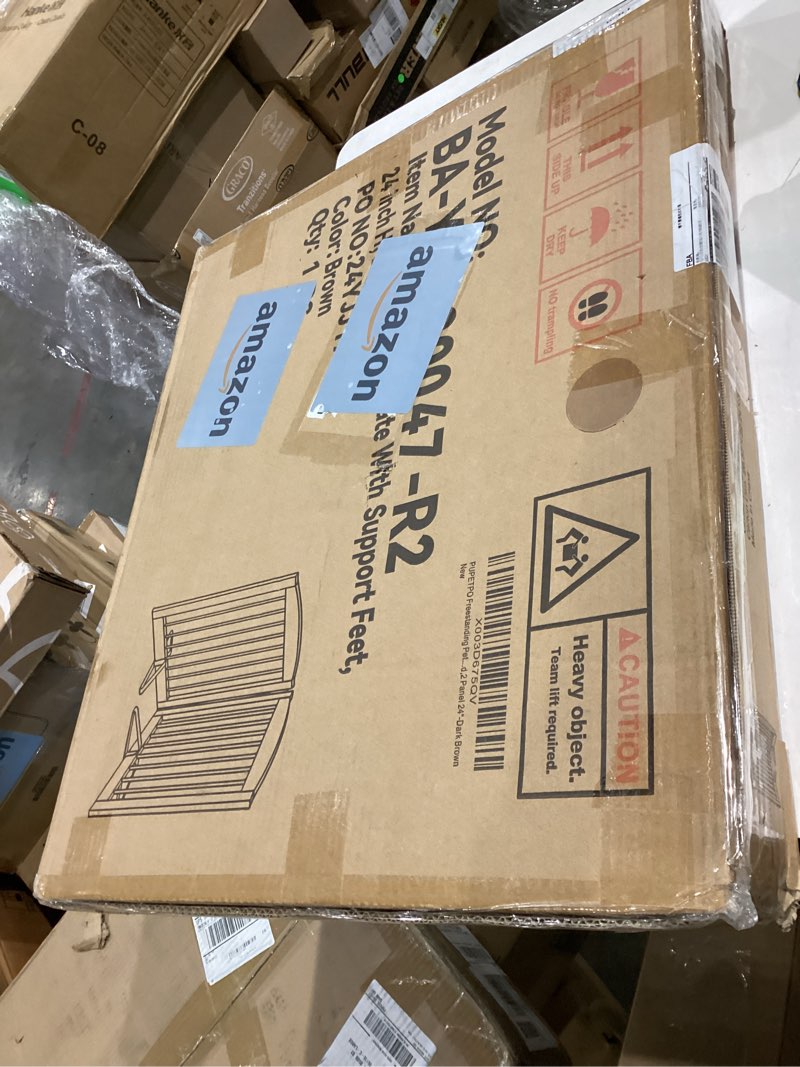 Condition photo showing New/Like New for Freestanding Pet Gate for Dogs, Foldable Wooden Dog Gate for House, Indoor Pet Barrier for Stairs, Doorways, Support Feet Included, 24" Height 2 Panels, Brown 24" Height-2 Panel Dark Brown