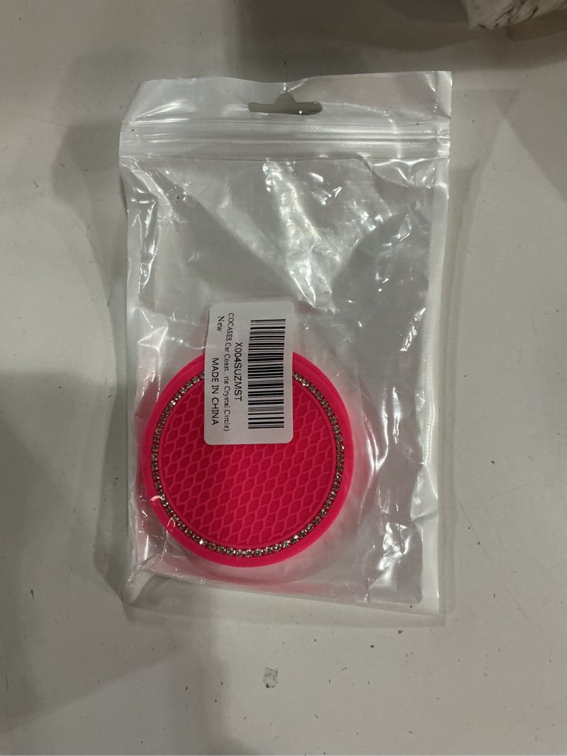 Condition photo showing New/Like New for cocases car coasters, 2 pack universal vehicle bling car coaster, rhinestone coaster for cup holders, car interior accessories 2.75'' silicone car coasters for women(hot pink, white crystal circle)