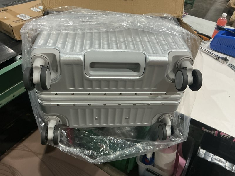 Condition photo showing Good Condition for 24 inch hardside checked luggage with leather handle, pc zipperless suitcase with spinner wheels and tsa locks, lightweight checked luggage for travel silver (black leather) checked in 24inch