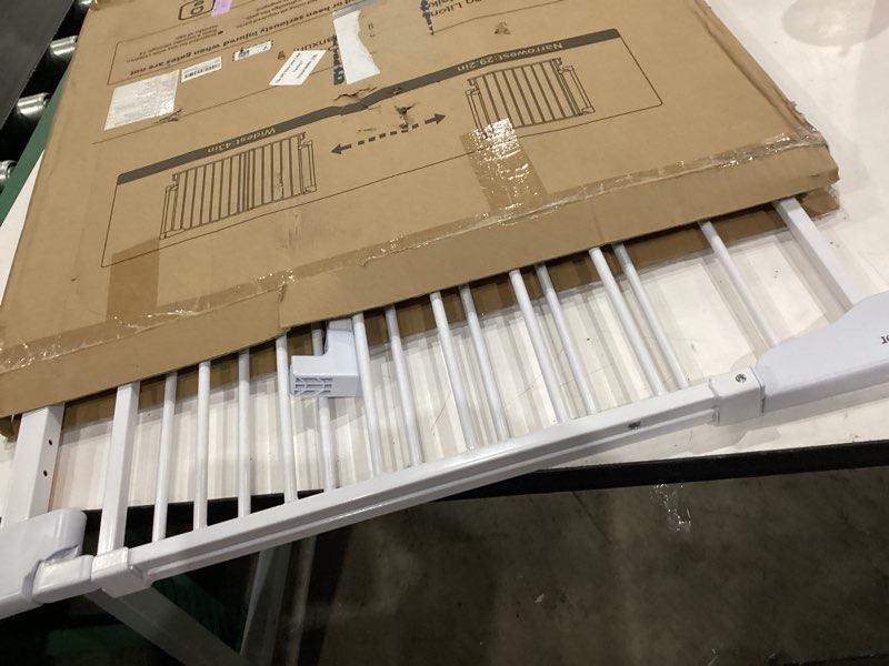 Condition photo showing As Is for cumbor 29.2–43" baby gate for stairs, hardware mounted (drill required), expandable no bottom bar dog gate, auto close extra wide walk thru, pet & toddler proof gate, top & bottom of stairways (white) white hardware mounted only (no bottom bar) 29.2"-43" w x 28" h