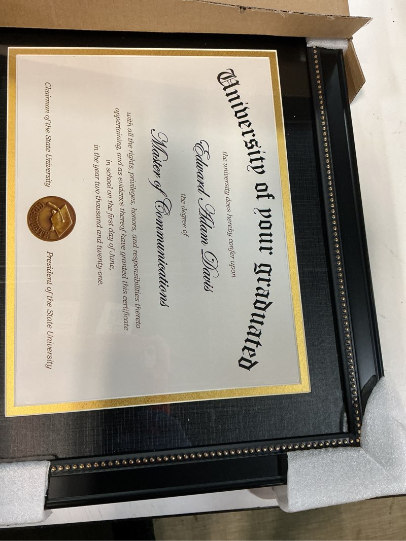 Condition photo showing Good Condition for upsimples 11x14 diploma frame with high definition glass, display 8.5x11 certificate with black over gold mat, degree document frame for wall and tabletop, black with gold beads, 1 pack black 11x14