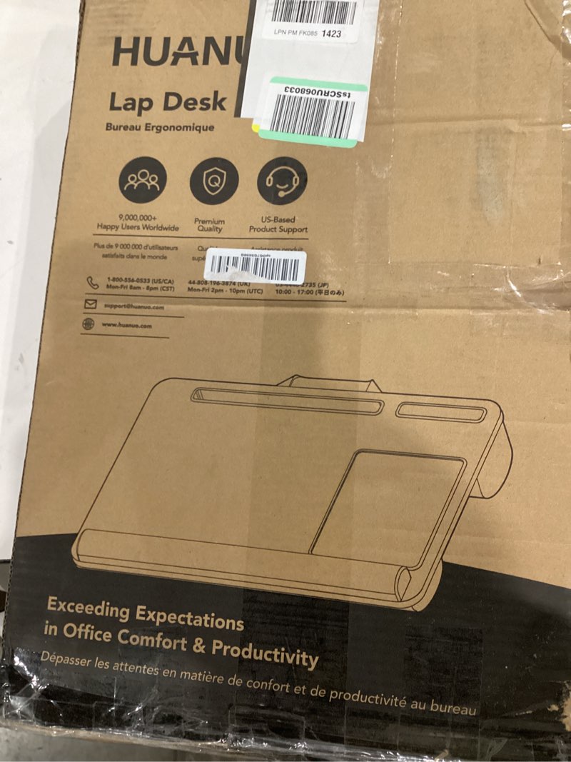 Condition photo showing As Is for HUANUO Lap Desk - Fits up to 17 inches Laptop Desk, Built in Mouse Pad & Wrist Pad for Notebook, Laptop, Tablet, Lap Stand with Tablet, Pen & Phone Holder (Wood Grain) Light Brown Woodgrain