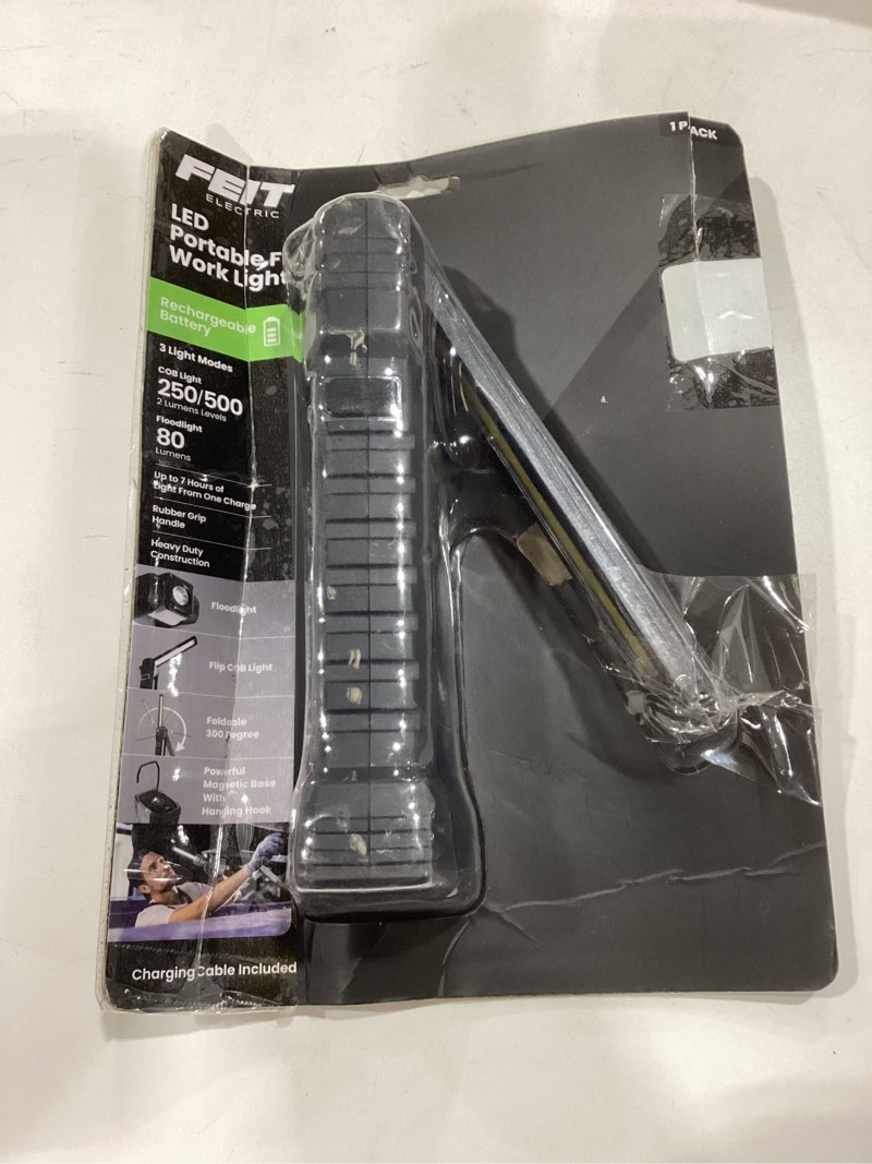 Condition photo showing As Is for feit electric compact handheld led work light flashlight with 250/500 lumens ultra bright, magnetic base, hanging hook, 6500k daylight, foldable and rechargeable handheld flood light - work500bat black 13 inches