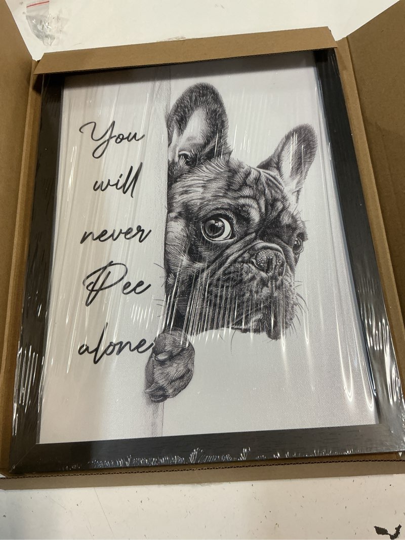 Condition photo showing New/Like New for ovczax black and white bathroom canvas wall art, funny bathroom sign wall decor & you never pee alone, french bulldog creative home wall decor 16" x 12" with black wooden frame 16"l x 12"w bulldog(black frame)