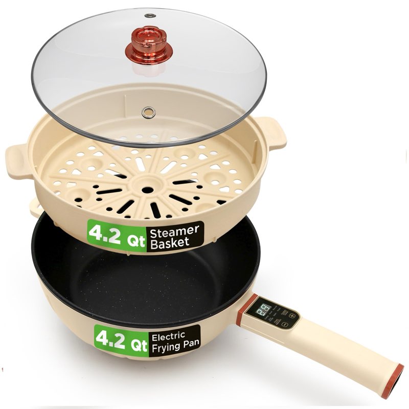 NutriChef 2 In 1 Electric Frying Pan & Steamer 8 Quarts | Portable Non-Stick Skillet for Cooking | D