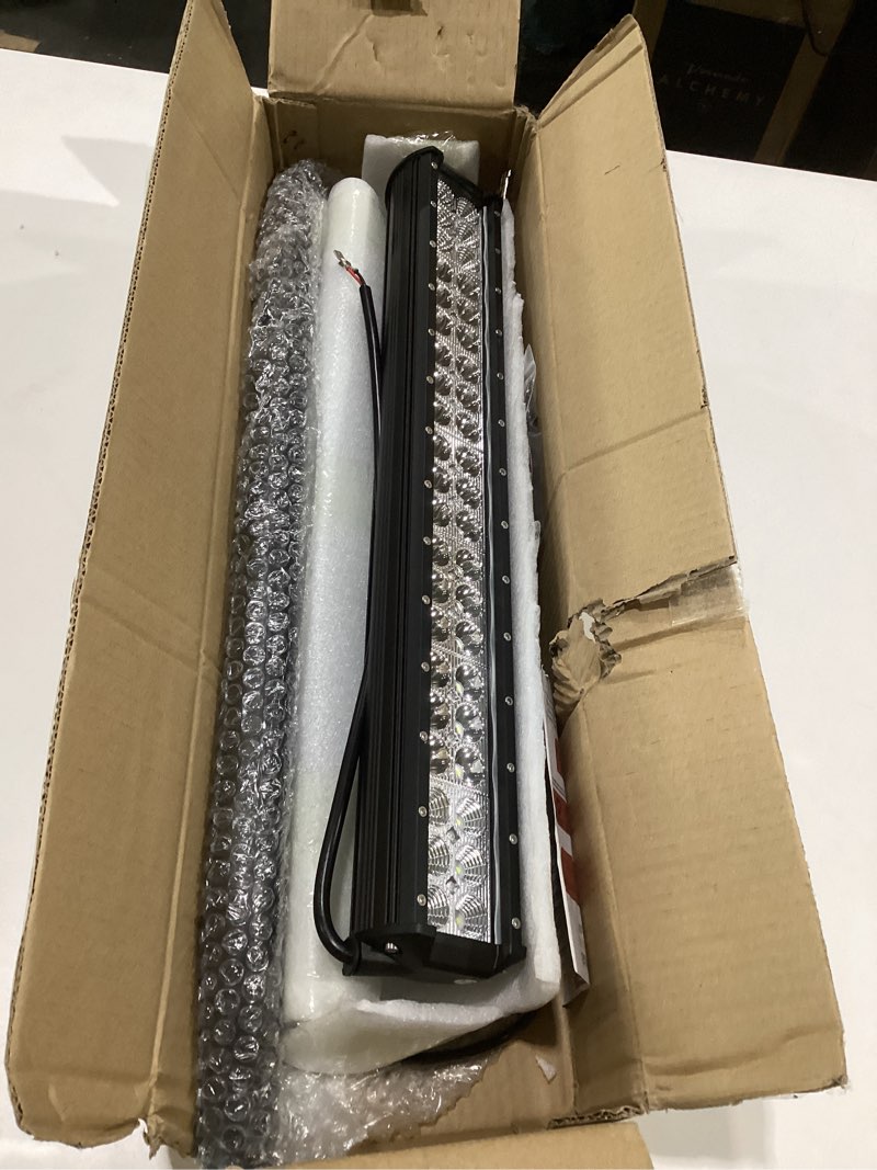 Condition photo showing Good Condition for skyworld led light bar, 20 inch 126w spot flood combo beam work driving lamp with black license plate mounting bracket wiring harness kit for truck car atv suv 4x4 boat light + bracket + 12v wiring, not tested