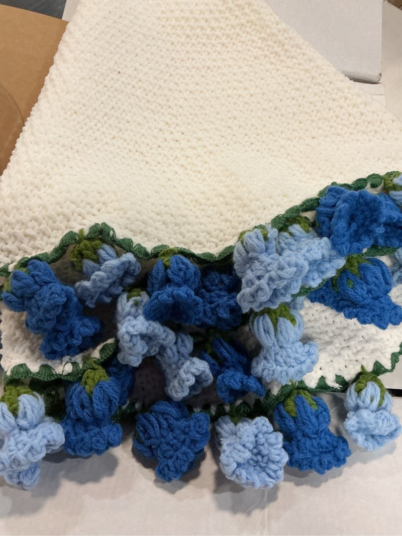 Condition photo showing Good Condition for crochet flower bouquet throw blanket, handmade knitted blanket with flowers, cute romantic gift for her girlfriend mom mother’s day valentine wedding anniversary birthday, blue 40 inches blue lily of the valley 40 inches