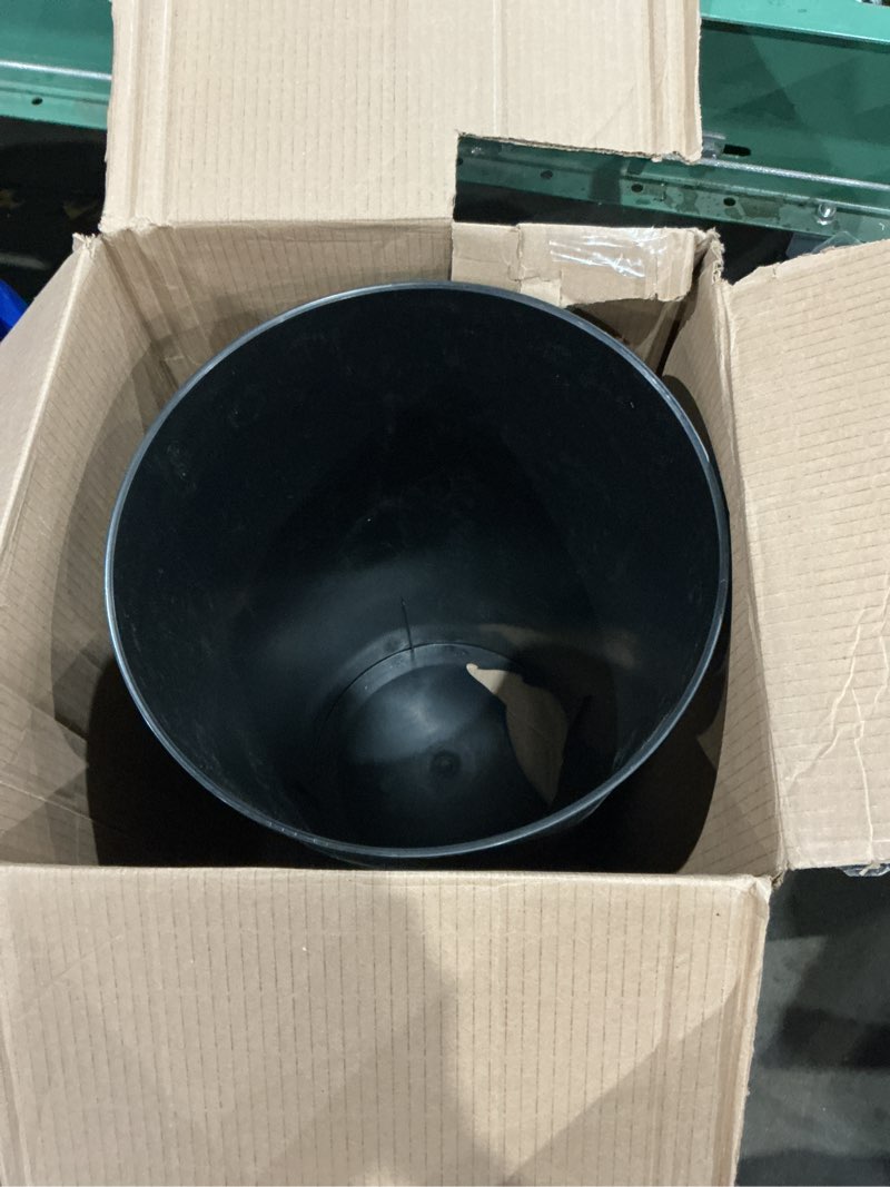Condition photo showing As Is for umbra vento kitchen trash can – large 16 gal (62 l) open top garbage can for home & office – modern clean design, black/nickel black-nickel