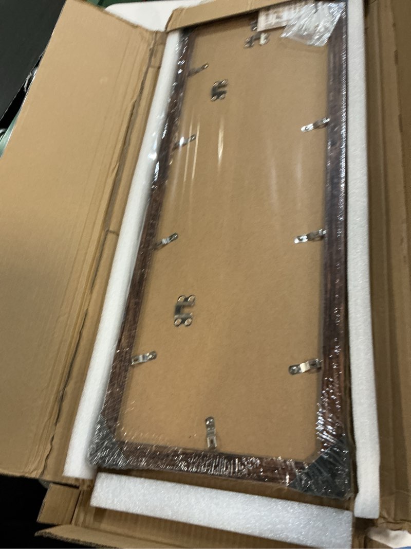 Condition photo showing New/Like New for 8x24 picture frame 2 pack, rustic brown wood frame with tempered glass, display pictures multiple five 4x6 with mat or 8 x 24 without mat - horizontal or vertical wall mounting rustic brown 8x24 in matted to 5-4x6