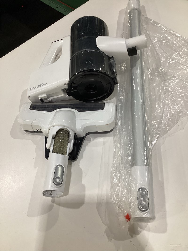 Condition photo showing As Is for Amazon Basics Cordless Vacuum Cleaner for Carpet and Hardwood, Lightweight (5 lbs), White, USED, MISSING PARTS, NOT TESTED