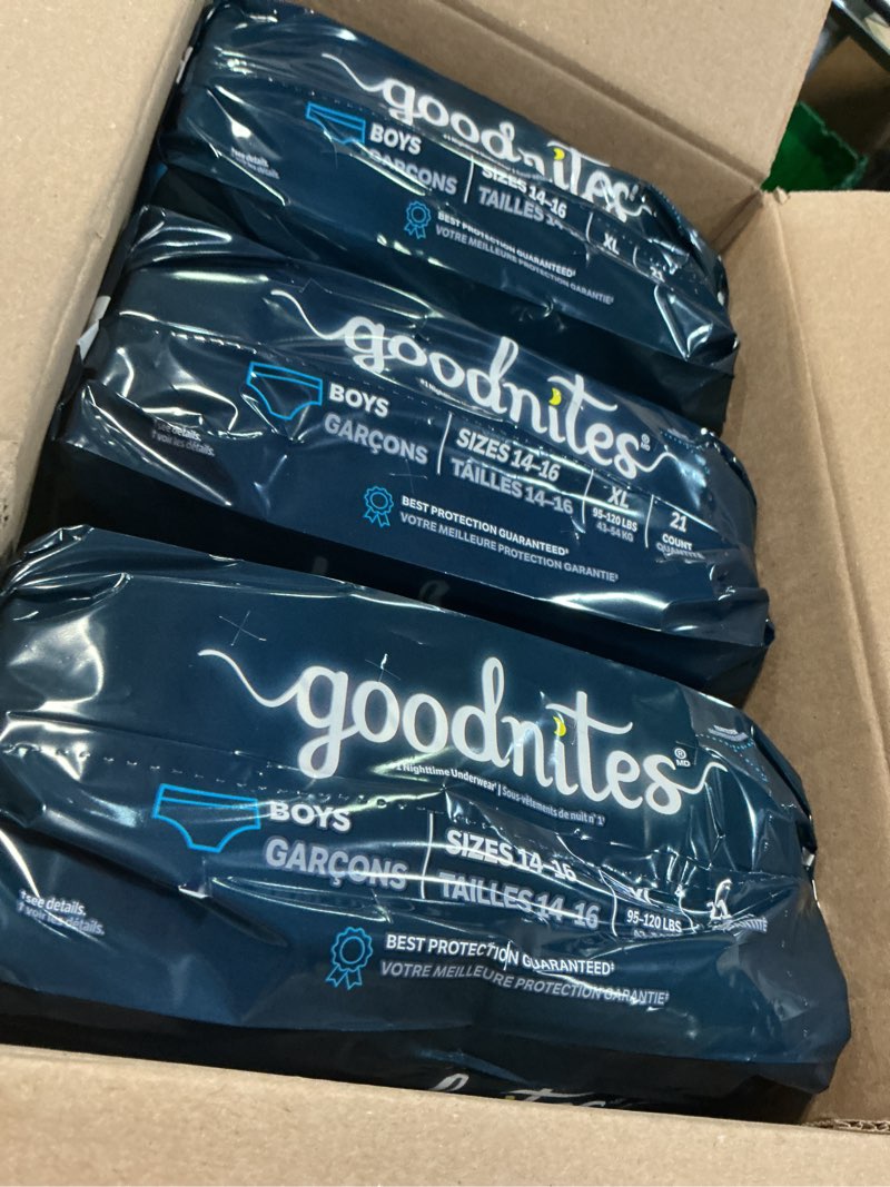 Condition photo showing New/Like New for Goodnites Boys' Nighttime Bedwetting Underwear, Size Extra Large (95-120 lbs), 63 Ct (3 Packs of 21), Packaging May Vary X-Large 63
